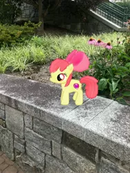 Size: 3024x4032 | Tagged: safe, derpibooru import, photographer:undeadponysoldier, apple bloom, earth pony, pony, appalachian state university, augmented reality, bow, college, female, filly, flower, gameloft, irl, photo, ponies in real life, solo