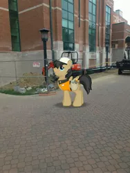 Size: 3024x4032 | Tagged: safe, derpibooru import, photographer:undeadponysoldier, jack hammer, pegasus, pony, appalachian state university, augmented reality, bulldozer, college, construction site, gameloft, lamppost, male, stallion