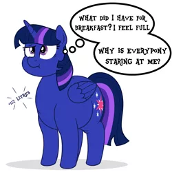 Size: 4688x4688 | Tagged: suggestive, artist:worstsousaphonehorse, derpibooru import, twilight sparkle, twilight sparkle (alicorn), alicorn, pony, series:blueberry festival drive, :t, absurd resolution, belly, big belly, blueberry inflation, confused, fat, female, incentive drive, inflation, note expansion, puffy cheeks, simple background, solo, thought bubble, twiberry sparkle, twilard sparkle, white background