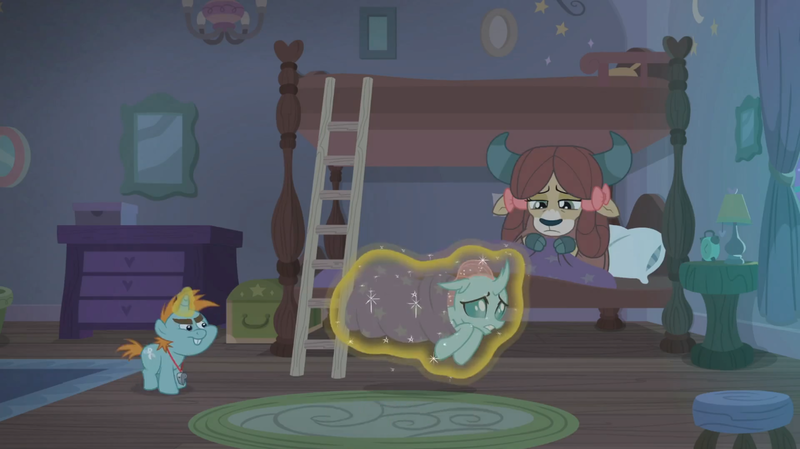 Size: 1366x766 | Tagged: safe, derpibooru import, screencap, ocellus, snips, yona, changedling, changeling, pony, unicorn, yak, 2 4 6 greaaat, bed, blanket burrito, bunk bed, carpet, chest, clock, colt, curtain, dark, dormitory, drawer, female, ladder, lamp, levitation, magic, male, mirror, picture frame, pillow, rug, sleepy, stool, telekinesis, trio, whistle