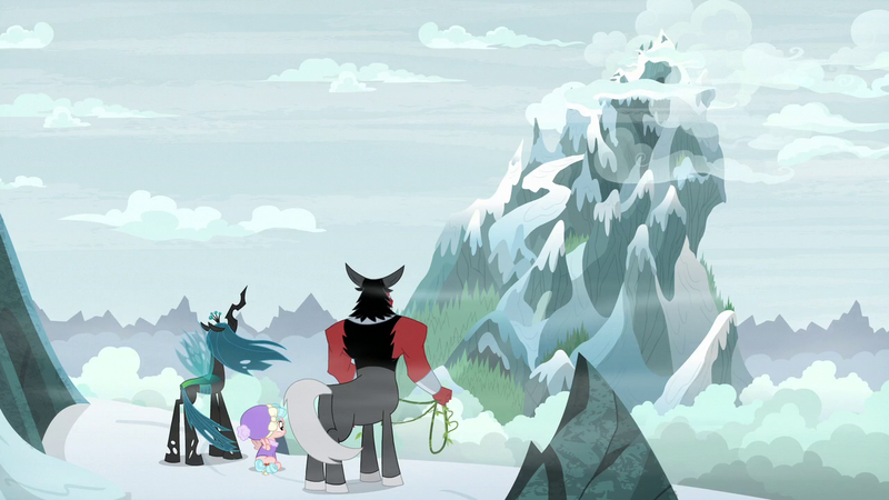 Size: 1280x720 | Tagged: safe, derpibooru import, screencap, cozy glow, lord tirek, queen chrysalis, centaur, changeling, changeling queen, pegasus, pony, frenemies (episode), bow, female, filly, hair bow, losers club, male, mount everhoof, nose piercing, nose ring, piercing, snow, trio