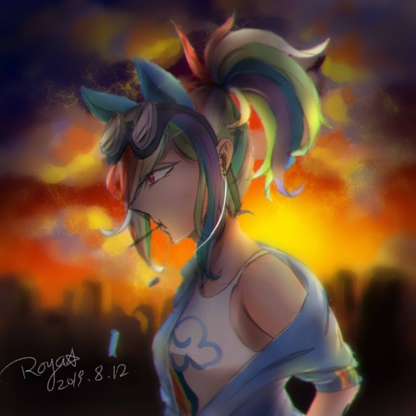 Size: 1000x1000 | Tagged: artist:roya, chewing, dawn, derpibooru import, eating, female, human, humanized, kotobukiya, kotobukiya rainbow dash, pixiv, profile, rainbow dash, safe, sky, solo