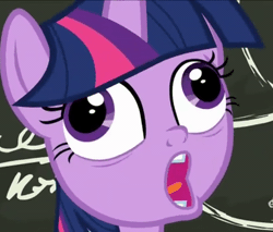 Size: 397x338 | Tagged: safe, derpibooru import, screencap, twilight sparkle, twilight sparkle (alicorn), alicorn, pony, best gift ever, animated, chalkboard, crazy face, cropped, derp, faic, female, gif, mare, open mouth, pudding face, smiling, solo, twilight sparkle is best facemaker, twilynanas, wall eyed, wat