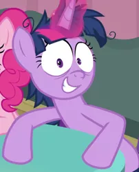 Size: 754x932 | Tagged: safe, derpibooru import, screencap, pinkie pie, twilight sparkle, twilight sparkle (alicorn), alicorn, earth pony, pony, a trivial pursuit, crazy face, cropped, faic, female, hooves on the table, looking at you, magic, magic aura, mare, messy mane, offscreen character, shrunken pupils, smiling, solo focus, twilight snapple, twilight sparkle is best facemaker, twilynanas, wide eyes