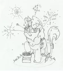Size: 3936x4427 | Tagged: 4th of july, artist:foxtrot3, derpibooru import, fireworks, holiday, kirin, kirin oc, oc, oc:party favor, pencil drawing, safe, smiling, solo, traditional art, unofficial characters only