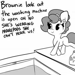 Size: 1152x1152 | Tagged: safe, artist:tjpones, derpibooru import, oc, oc:brownie bun, unofficial characters only, earth pony, pony, horse wife, airpods, black and white, dialogue, female, grayscale, mare, meme, monochrome, oblivious, ponified meme, squidward the truck's coming, this will not end well, washing machine