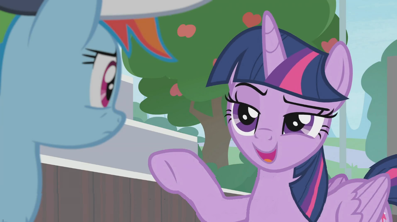 Size: 1362x764 | Tagged: 2 4 6 greaaat, alicorn, apple, cap, derpibooru import, fence, food, hat, outdoors, pointing, rainbow dash, safe, screencap, smug, smuglight sparkle, tree, twilight sparkle, twilight sparkle (alicorn)