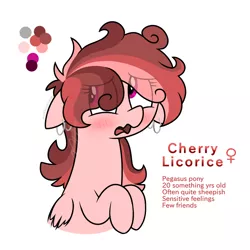 Size: 750x750 | Tagged: safe, artist:modocrisma, derpibooru import, oc, oc:cherry licorice, unofficial characters only, pegasus, pony, alternate universe, au:lbau, blushing, color palette, ear piercing, earring, embarrassed, eye clipping through hair, female, jewelry, mare, piercing, reference sheet, simple background, solo, watermark, white background