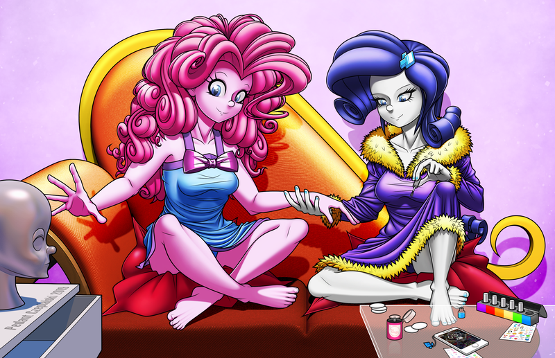 Size: 2923x1889 | Tagged: safe, artist:pedantczepialski, derpibooru import, pinkie pie, rarity, human, equestria girls, barefoot, bathrobe, blue underwear, clothes, couch, feet, female, mobile phone, nail polish, panties, phone, purple underwear, robe, table, toenail polish, underwear