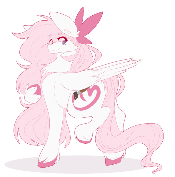 Size: 1299x1311 | Tagged: safe, artist:teapup, derpibooru import, oc, oc:teddy bear, unofficial characters only, pegasus, pony, bow, cute, cutie mark, heterochromia, painted hooves, pink, solo