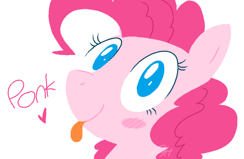 Size: 992x648 | Tagged: safe, artist:modocrisma, derpibooru import, pinkie pie, earth pony, pony, :p, blush sticker, blushing, bust, cute, diapinkes, doodle, female, heart, legitimately amazing mspaint, looking at you, mare, ms paint, no pupils, ponk, portrait, simple background, smiling, solo, text, three quarter view, tongue out, watermark, white background