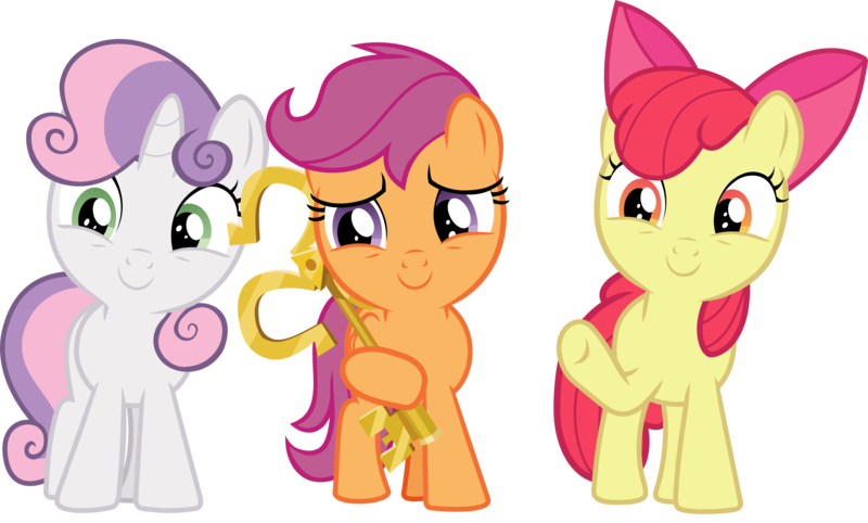 Size: 5259x3171 | Tagged: safe, artist:frownfactory, derpibooru import, apple bloom, scootaloo, sweetie belle, earth pony, pegasus, pony, unicorn, the last crusade, .svg available, bow, cutie mark crusaders, female, filly, horn, key, key to the city, proud, simple background, svg, transparent background, vector, waving, wings