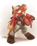 Size: 2048x2560 | Tagged: safe, artist:sugar morning, derpibooru import, oc, oc:moonatik, unofficial characters only, pegasus, pony, backpack, bipedal, boots, clothes, commission, gun, hair bun, male, rearing, shoes, simple background, solo, stallion, weapon, white background, wings