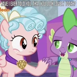 Size: 638x641 | Tagged: safe, derpibooru import, edit, edited screencap, editor:undeadponysoldier, screencap, cozy glow, spike, dragon, pony, school raze, backpack, caption, compliment, cozybetes, cozyspike, cute, female, filly, holding hands, image, image macro, jpeg, looking at each other, male, meme, nickelodeon, open mouth, shipping, straight, text, winged spike