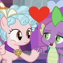 Size: 641x641 | Tagged: safe, derpibooru import, edit, edited screencap, editor:undeadponysoldier, screencap, cozy glow, spike, dragon, pegasus, pony, school raze, backpack, cozybetes, cozyspike, cute, female, filly, heart, holding hands, image, jpeg, looking at each other, male, nickelodeon, open mouth, shipping, shipping domino, straight, winged spike