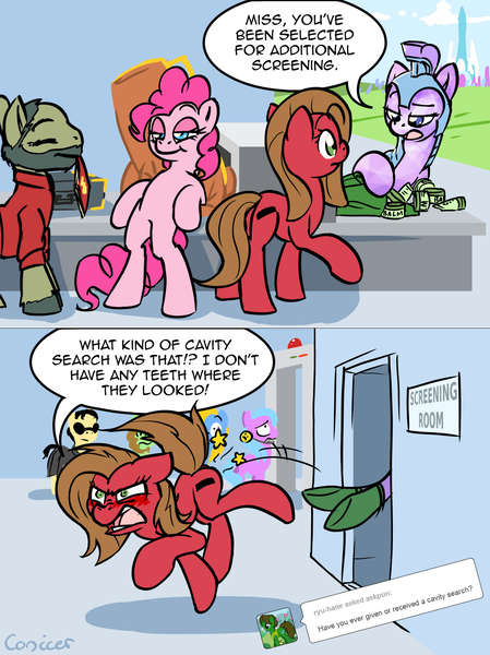 Size: 1200x1602 | Tagged: safe, artist:conicer, derpibooru import, pinkie pie, oc, oc:pun, ponified, crystal pony, pony, ask pun, airport security, ask, bipedal, bipedal leaning, cavity search, crystal empire, jorji costava, leaning, literal butthurt, neo, pain, papers please, party cannon, royal guard, security, the matrix, tumblr