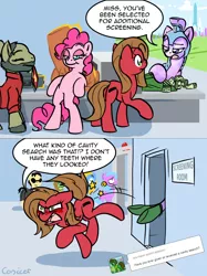 Size: 1200x1602 | Tagged: safe, artist:conicer, derpibooru import, pinkie pie, oc, oc:pun, ponified, crystal pony, pony, ask pun, airport security, ask, bipedal, bipedal leaning, cavity search, crystal empire, jorji costava, leaning, literal butthurt, neo, pain, papers please, party cannon, royal guard, security, the matrix, tumblr