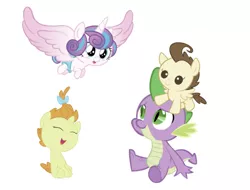 Size: 750x571 | Tagged: safe, derpibooru import, edit, editor:undeadponysoldier, pound cake, princess flurry heart, pumpkin cake, spike, alicorn, dragon, pegasus, pony, unicorn, adorable face, baby, baby dragon, baby pony, bow, cake twins, colt, cute, diaper, eyes closed, female, filly, flurrybetes, flurryspike, foal, gay, hair bow, happy, lucky bastard, male, open mouth, poundabetes, poundspike, pumpkinbetes, pumpkinspike, shipping, siblings, simple background, sitting, sitting on head, spikelove, spread wings, straight, twins, white background, wings