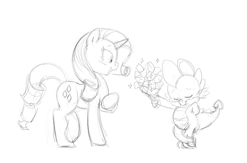 Size: 1138x750 | Tagged: safe, artist:carnifex, derpibooru import, rarity, spike, blushing, bouquet, cute, eyes closed, female, flower, male, monochrome, pencil drawing, rose, shipping, sparity, straight, traditional art