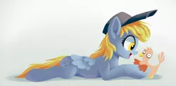 Size: 3708x1818 | Tagged: safe, artist:gsphere, derpibooru import, derpy hooves, bird, pegasus, pony, deformed, female, happy, hat, mailmare hat, mare, open mouth, prone, solo