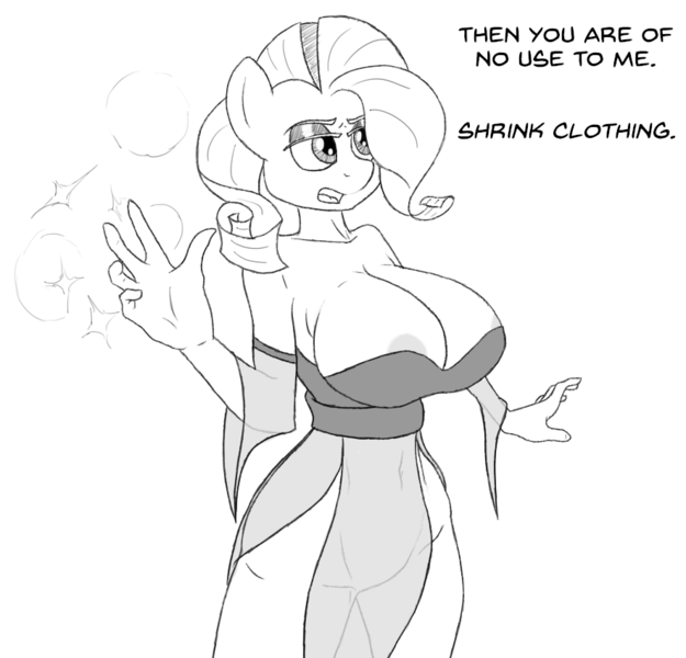 Size: 885x849 | Tagged: anonymous artist, anthro, areola, areola slip, big breasts, breasts, busty rarity, cleavage, derpibooru import, female, grayscale, monochrome, oc, oc:fashion disaster, questionable, rarity, series:dance dame, solo, text