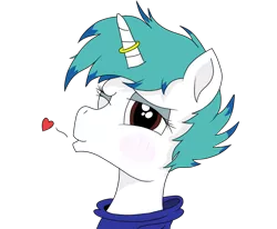 Size: 662x546 | Tagged: safe, artist:inky scroll, artist:straighttothepointstudio, derpibooru import, edit, oc, oc:snowy blue, pony, unicorn, blowing a kiss, blushing, clothes, colored, heart, hoodie, male, one eye closed, solo, trap, wink