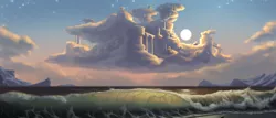 Size: 2520x1080 | Tagged: artist:amarthgul, beach, city, cloud, cloudsdale, derpibooru import, moon, no pony, ocean, safe, scenery, scenery porn, water, wave