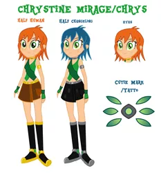 Size: 4353x4674 | Tagged: safe, artist:lhenao, derpibooru import, queen chrysalis, oc, oc:chrystine mirage, changeling, human, hybrid, fanfic:equestria nexus girls dark matter rises, equestria girls, boots, changeling hybrid, clone, clothes, cute, female, freckles, green eyes, green hair, miniskirt, orange hair, shoes, skirt