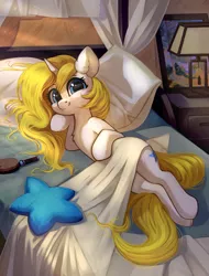 Size: 3300x4336 | Tagged: safe, artist:taneysha, derpibooru import, oc, oc:dream puff, unofficial characters only, pony, unicorn, bed, bedroom eyes, brush, cute, female, horn, looking at you, mare, ocbetes, painting, pillow, reclining, sheet, smiling, solo, sweet dreams fuel, unicorn oc