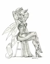 Size: 1100x1401 | Tagged: anthro, anthro oc, armpits, artist:baron engel, breasts, changeling, changeling queen, changeling queen oc, cleavage, clothes, derpibooru import, dress, fangs, female, grayscale, high heels, jewelry, monochrome, necklace, oc, oc:queen polistae, pencil drawing, plantigrade anthro, shoes, side slit, simple background, sitting, sketch, stool, suggestive, traditional art, unofficial characters only, white background