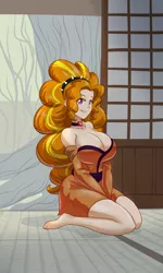 Size: 1232x2048 | Tagged: suggestive, artist:thebrokencog, derpibooru import, adagio dazzle, human, equestria girls, anime, barefoot, big breasts, breasts, busty adagio dazzle, choker, cleavage, clothes, commission, feet, female, huge breasts, humanized, kimono minidress, kneeling, sexy, solo, solo female, stupid sexy adagio dazzle