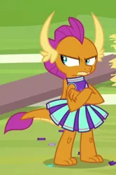 Size: 318x478 | Tagged: 2 4 6 greaaat, angry, cheerleader outfit, cheerleader smolder, claws, clothes, confetti, cropped, cute, derpibooru import, displeased, dragon, dragoness, fangs, female, horns, madorable, safe, screencap, skirt, smolder, smolderbetes, solo, teenaged dragon, toes, unamused, upset