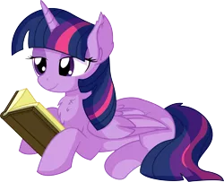 Size: 7277x5921 | Tagged: safe, artist:cyanlightning, derpibooru import, twilight sparkle, twilight sparkle (alicorn), alicorn, pony, .svg available, absurd resolution, adorkable, book, chest fluff, cute, dork, ear fluff, female, folded wings, mare, nerd, prone, reading, simple background, sitting, smiling, solo, transparent background, vector, wing fluff, wings