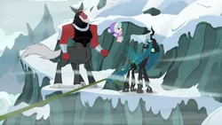 Size: 1280x720 | Tagged: safe, derpibooru import, screencap, cozy glow, lord tirek, queen chrysalis, centaur, changeling, changeling queen, pegasus, pony, frenemies (episode), bow, cloven hooves, female, filly, flying, hair bow, losers club, male, nose piercing, nose ring, piercing, snow, trio
