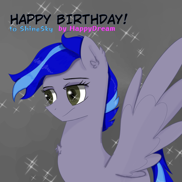 Size: 2000x2000 | Tagged: safe, artist:happydream, derpibooru import, oc, oc:shinesky, unofficial characters only, pegasus, pony, birthday, happy birthday, solo