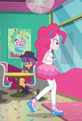 Size: 730x1072 | Tagged: safe, derpibooru import, screencap, ginger owlseye, pinkie pie, equestria girls, equestria girls series, tip toppings, tip toppings: fluttershy, spoiler:choose your own ending (season 2), spoiler:eqg series (season 2), background human, boots, chair, clothes, cropped, cute, fedora, female, frozen yogurt shop, hat, mobile phone, owlabetes, pantyhose, phone, poster, sandals, shoes, skirt, smartphone, table