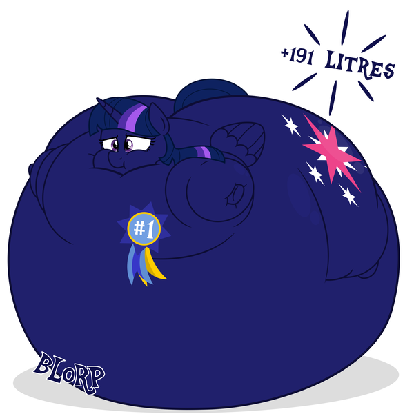 Size: 4688x4688 | Tagged: questionable, artist:worstsousaphonehorse, derpibooru import, twilight sparkle, twilight sparkle (alicorn), alicorn, pony, series:blueberry festival drive, :t, absurd resolution, belly, belly bed, big belly, bingo wings, blue ribbon, blueberry inflation, butt, fat, female, huge belly, huge butt, immobile, impossibly large belly, impossibly large butt, incentive drive, inflation, large butt, morbidly obese, note expansion, obese, puffy cheeks, simple background, solo, squishy, stomach noise, stretched cutie mark, this ended in balloons, twiberry sparkle, twilard sparkle, white background