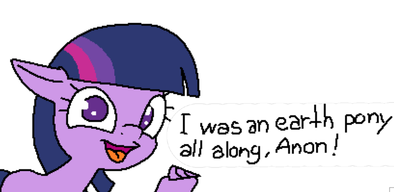 Size: 1385x677 | Tagged: safe, derpibooru import, twilight sparkle, earth pony, pony, 1000 hours in ms paint, earth pony twilight, hoof hold, horn, implied anon, simple background, speech, talking, transparent background, what a twist