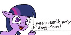 Size: 1385x677 | Tagged: safe, derpibooru import, twilight sparkle, earth pony, pony, 1000 hours in ms paint, earth pony twilight, hoof hold, horn, implied anon, simple background, speech, talking, transparent background, what a twist