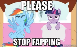 Size: 591x364 | Tagged: suggestive, derpibooru import, rainbow dash, twilight sparkle, pegasus, pony, unicorn, artifact, bed, caption, fap, female, image macro, implied masturbation, mare, meme, out of context, pillow, text, unicorn twilight