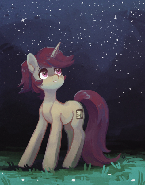 Size: 1601x2030 | Tagged: safe, artist:koviry, derpibooru import, oc, oc:lavrushka, unofficial characters only, pony, unicorn, female, looking back, mare, night, solo, starry night, stars