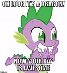 Size: 500x549 | Tagged: artist:tarkan809, awesome, caption, cute, day is awesome, derpibooru import, dragon, editor:tarkan809, good dragon, good end, happy, image macro, imgflip, meme, reaction image, safe, simple background, spike, subverted meme, teeth, text, your day is awesome, your day is ruined