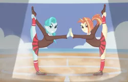 Size: 2100x1345 | Tagged: safe, artist:chopsticks, derpibooru import, lighthoof, shimmy shake, human, 2 4 6 greaaat, equestria girls, cheering, cheerleader, cheerleader outfit, clothes, cute, duo, equestria girls interpretation, equestria girls-ified, female, flexible, legs, miniskirt, pleated skirt, ponytail, raised leg, scene interpretation, school of friendship, shoes, skirt, skirt lift, smiling, socks, spotlight