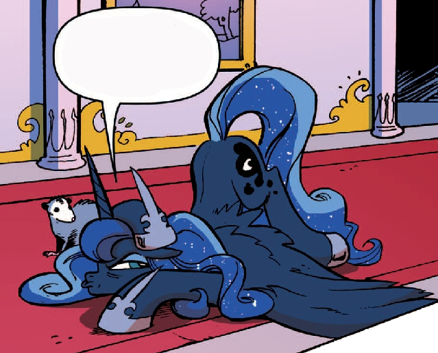 Size: 639x516 | Tagged: alicorn, artist:andypriceart, butt, canterlot castle, carpet, column, comic, derpibooru import, edit, face down ass up, female, floppy ears, grumpy, hallway, idw, looking back, mare, opossum, picture, picture frame, plot, princess luna, safe, speech bubble, spoiler:comicm10, spread wings, tiberius, wings