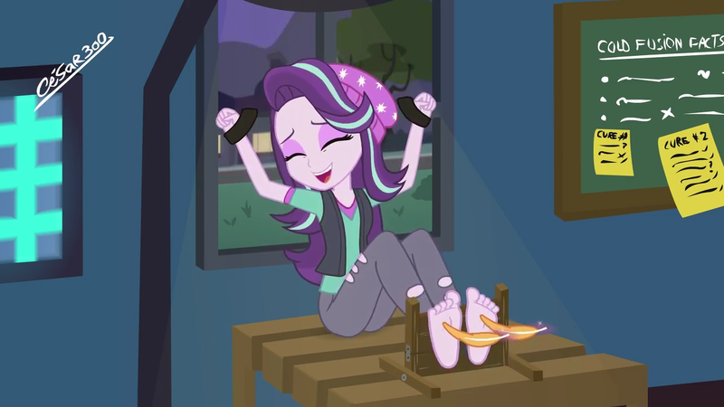 Size: 1280x720 | Tagged: suggestive, artist:cesar3o0, derpibooru import, starlight glimmer, equestria girls, barefoot, beanie, bondage, cute, feather, feet, female, fetish, foot fetish, hat, laughing, solo, solo female, stocks, tickle fetish, tickle torture, tickling, toes, youtube link