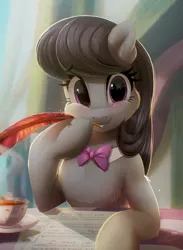 Size: 2197x3000 | Tagged: safe, artist:light262, derpibooru import, octavia melody, earth pony, pony, anatomically incorrect, beautiful, blushing, bowtie, chest fluff, commission, cute, daaaaaaaaaaaw, female, food, hoof hold, human shoulders, looking at you, mare, quill, smiling, solo, tavibetes, tea