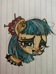 Size: 3456x4608 | Tagged: safe, artist:sharpi, derpibooru import, coco pommel, earth pony, pony, collar, ear piercing, eyebrow piercing, eyeshadow, fangs, female, hair ornament, lined paper, looking at you, makeup, mare, nose piercing, nose ring, piercing, solo, spiked collar, traditional art