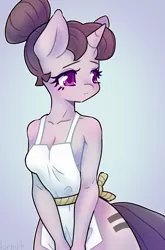 Size: 562x850 | Tagged: suggestive, artist:kirinit, derpibooru import, sugar belle, anthro, unicorn, the cutie map, apron, breasts, cleavage, clothes, cute, equal cutie mark, equalized, female, frown, mare, naked apron, show accurate clothing, solo, solo female, sugarbetes