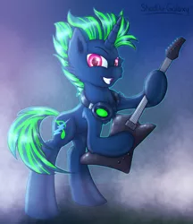 Size: 2250x2600 | Tagged: safe, artist:shad0w-galaxy, derpibooru import, oc, unofficial characters only, pony, unicorn, commission, cutie mark, electric guitar, guitar, headphones, high res, male, musical instrument, rocker, solo