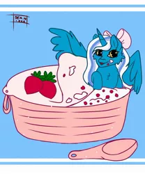 Size: 816x979 | Tagged: alicorn, alicorn oc, artist:dean1004, blue background, bow, derpibooru import, eating, female, food, hair bow, horn, mare, oc, oc:fleurbelle, safe, simple background, spoon, strawberry, wings, yellow eyes, yogurt